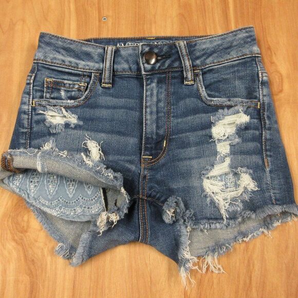 AMERICAN EAGLE Hi-Rise Shortie Womens Size 0 Frayed Hem Ripped Denim Jean Shorts - Picture 1 of 16